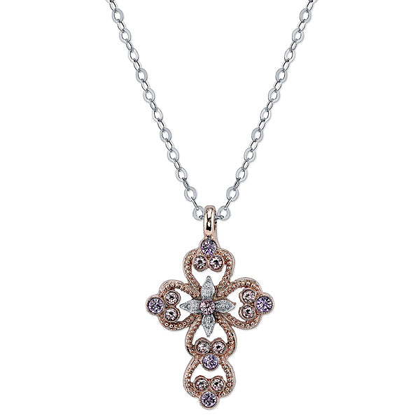 Rose Gold-Tone and Silver-Tone Light Purple Cross Pendant Necklace