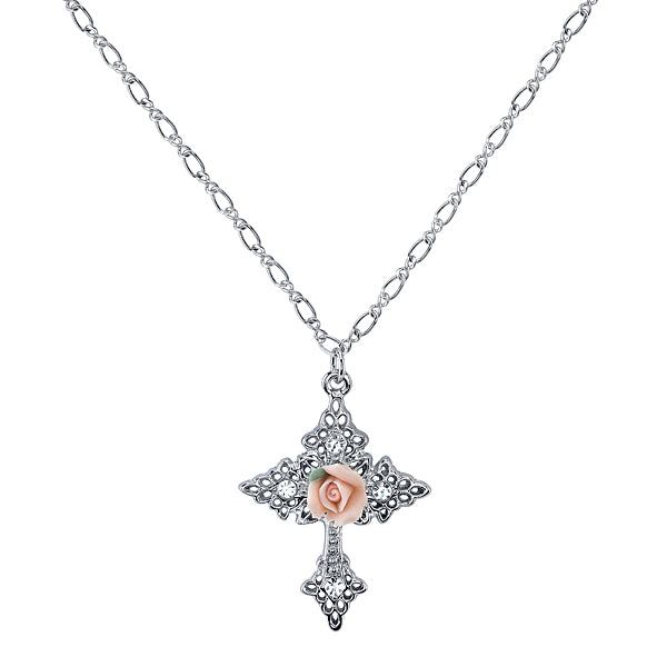 Silver-Tone Crystal Pink Porcelain Rose Cross Pendant Necklace