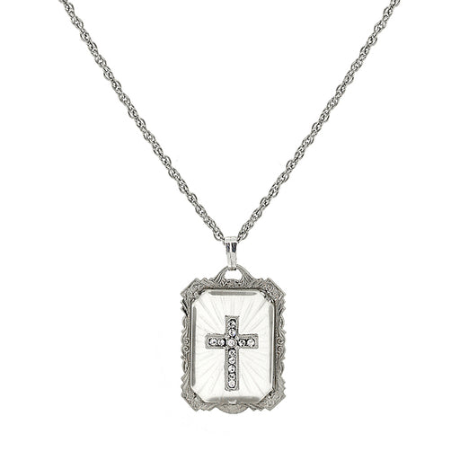 Silver-Tone Frosted Stone with Crystal Cross Large Pendant Necklace