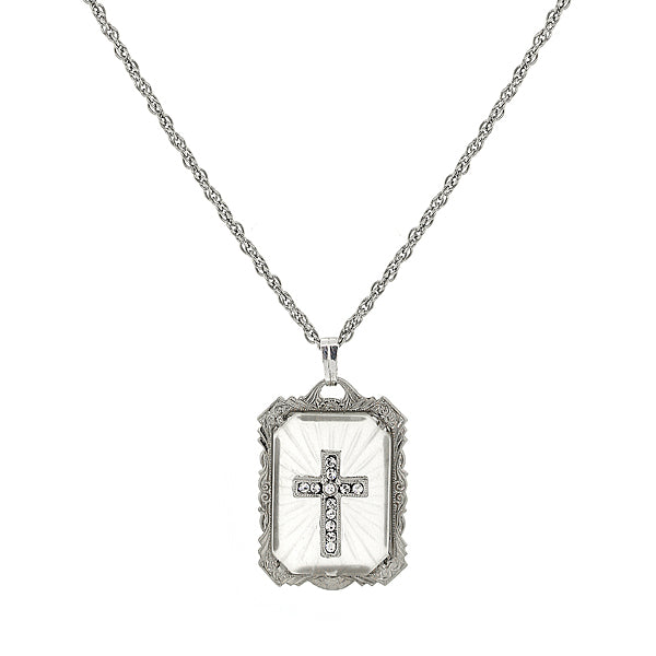 Silver-Tone Frosted Stone with Crystal Cross Large Pendant Necklace