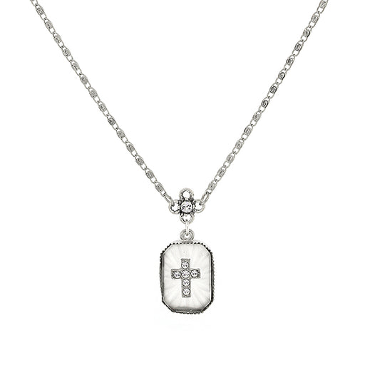 Silver-Tone Frosted Stone with Crystal Cross Necklace