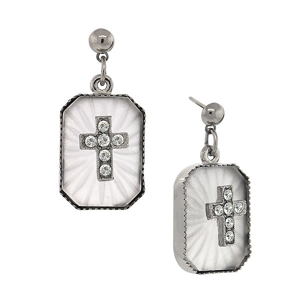 Silver-Tone Frosted Stone Crystal Cross Drop Earrings