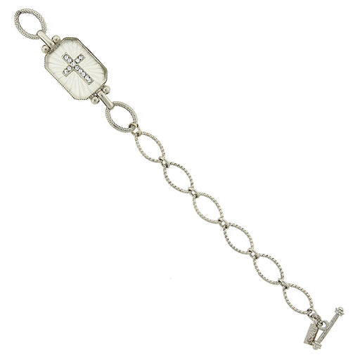 Silver-Tone White Frosted Stone with Crystal Cross Toggle Bracelet
