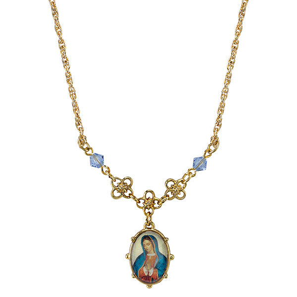 Gold-Tone Light Blue Small Oval Mary Pendant Necklace