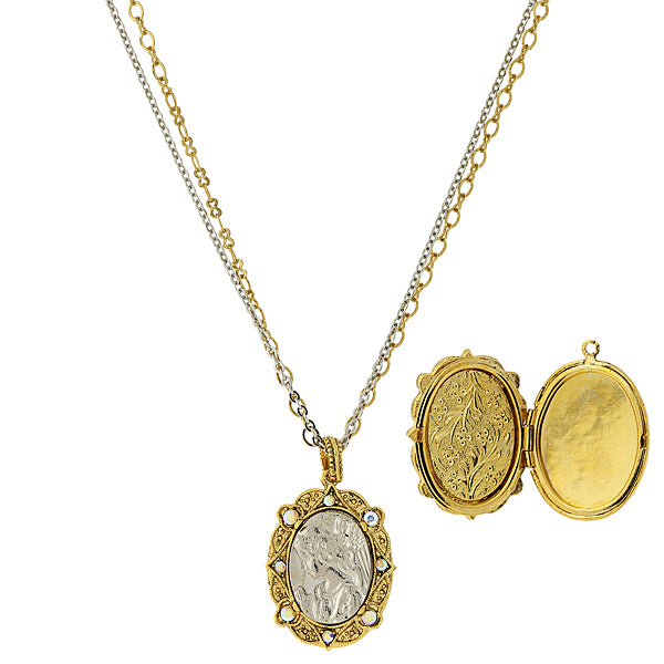 14K Gold-Dipped and Silver-Tone Crystal AB Angel Locket Double Strand Necklace