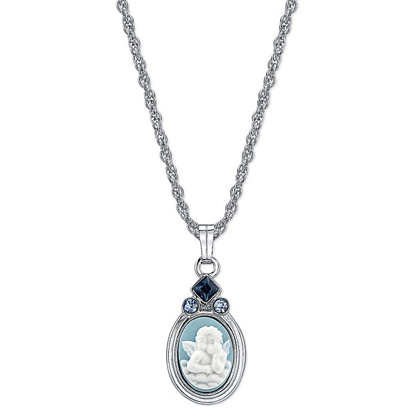 Silver-Tone Light and Dark Blue Crystal Raphaels Angel Pendant Necklace