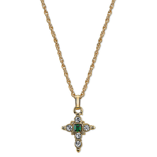 14K Gold-Dipped Green and Crystal Cross Pendant Necklace