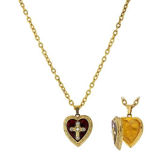 14K Gold-Dipped Red Enamel Cross of Glory Heart Locket Necklace