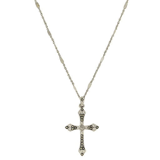 Silver-Tone Imitation Marcasite Cross Pendant Necklace