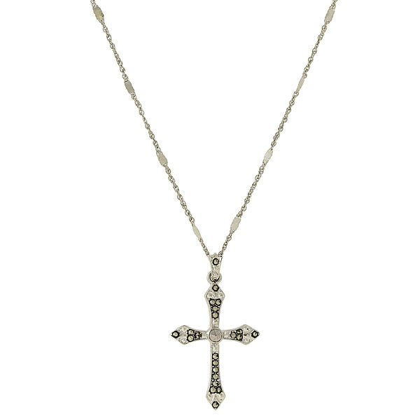 Silver-Tone Imitation Marcasite Cross Pendant Necklace