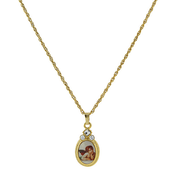 14K Gold-Dipped Cherub Crystal Angel Decal Oval Pendant Necklace