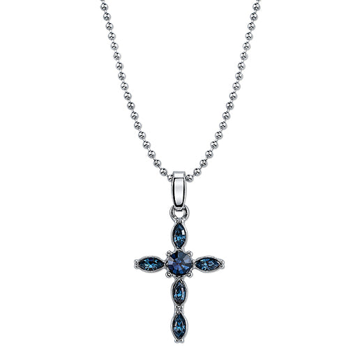 Silver-Tone Blue Crystal Cross Pendant Necklace