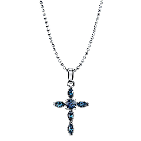 Silver-Tone Blue Crystal Cross Pendant Necklace