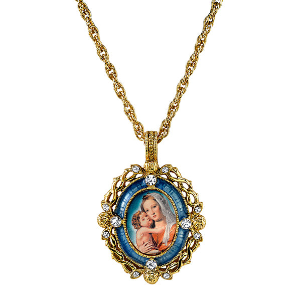 14K Gold-Dipped Crystal Blue Enamel Mary and Child Pendant Necklace