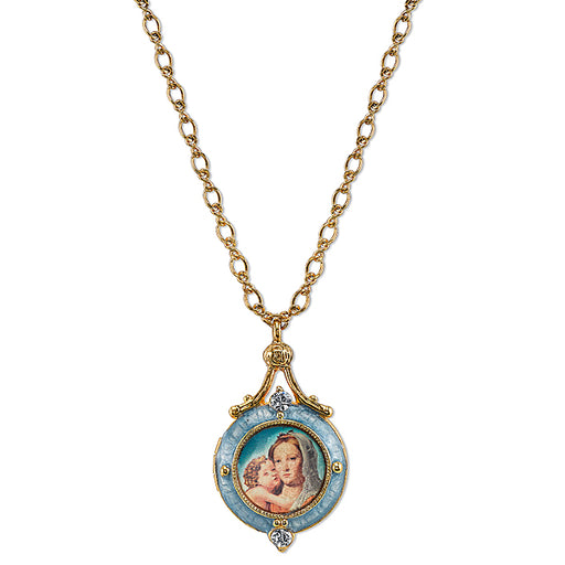 14K Gold-Dipped Blue Enamel Mary and Child Locket Necklace