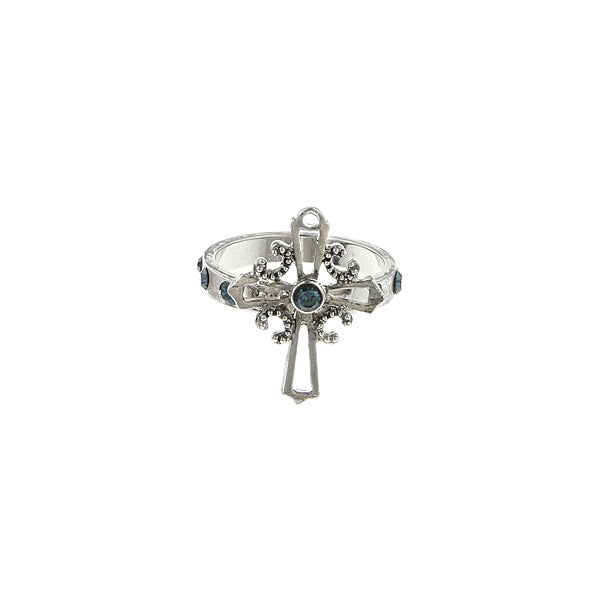 Carded Silver-Tone Blue Cross Ring Size 6.0