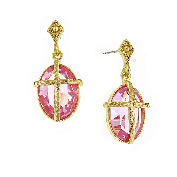 14K Gold-Dipped Rose Pink Color Oval Stone with Cross Earrings