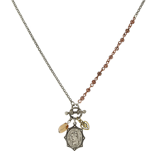 Mixed Metal Saint Christopher Medal and Charm Toggle Necklace