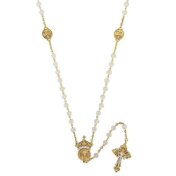 14K Gold-Dipped Crystal Two Rings and Cross Medallion Wedding Rosary