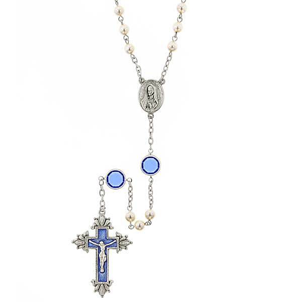 Silver-Tone Simulated Pearl Blue Crystal and Blue Enamel Chanel Rosary