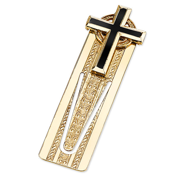 14K Gold-Dipped and Black Enamel Cross Small Bookmark