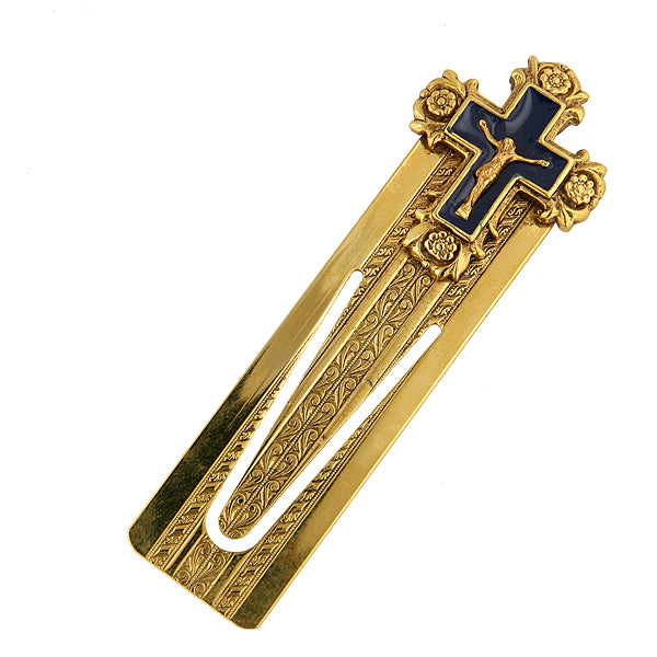 14K Gold-Dipped and Blue Enamel Crucifix Small Bookmark
