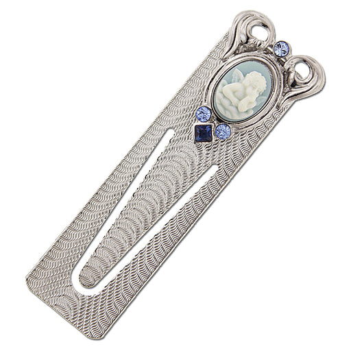 Silver-Tone Lt. Blue Crystal and White and Blue Angel Cameo Bookmark
