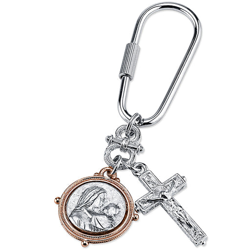 Silver-Tone and Rose Gold-Tone Crucifix with Madonna and Child Key Fob