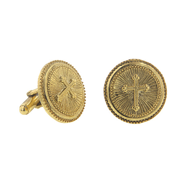 14K Gold-Dipped Cross Round Cuff Links
