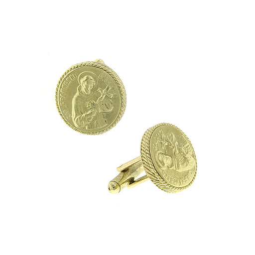 14K Gold-Dipped Saint Francis of Assisi Round Cuff Links