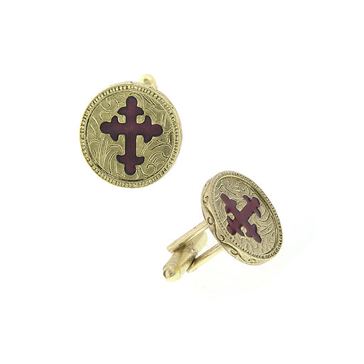 14K Gold-Dipped Red Enamel Cross Round Cuff Links
