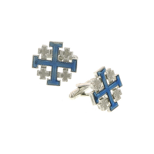 Silver-Tone Blue Enamel Jerusalem Cross Cuff Links