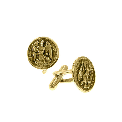 14K Gold-Dipped Saint Michael Round Cuff Links