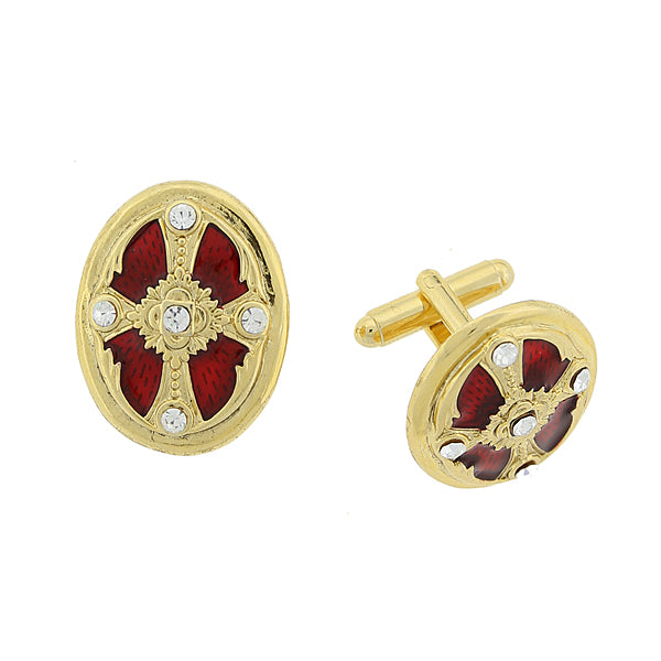 14K Gold-Dipped Crystal Red Enamel Oval Cross Cuff Links