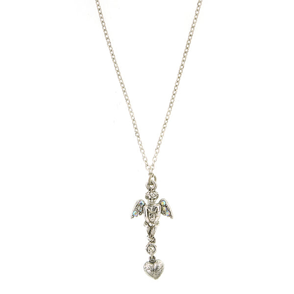 Silver-Tone Crystal AB Angel Heart Necklace