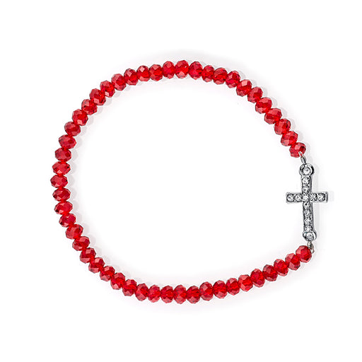 Silver-Tone Crystal Sideways Cross Red Bead Stretch Bracelet