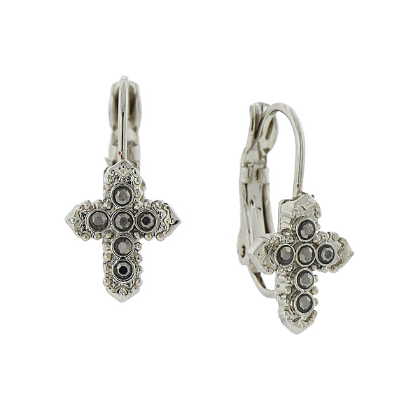 Silver-Tone Hematite Color Petite Cross Earrings