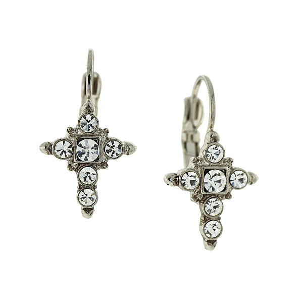 Silver-Tone Crystal Cross Earrings