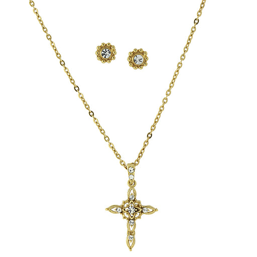 14K Gold-Dipped Crystal Cross Necklace and Earrings Set