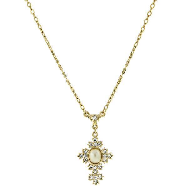 14K Gold-Dipped Simulated Oval Pearl Crystal Cross Necklace