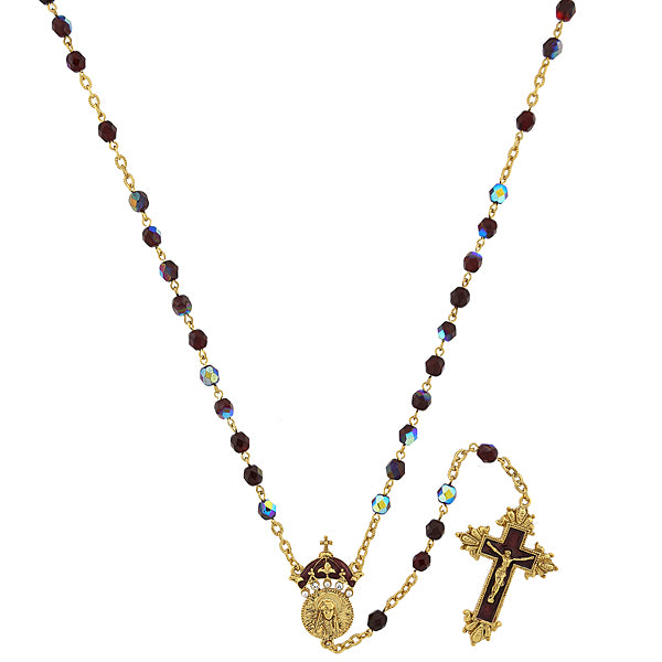 14K Gold-Tone Garnet Color AB Bead and Enamel King of Kings Rosary