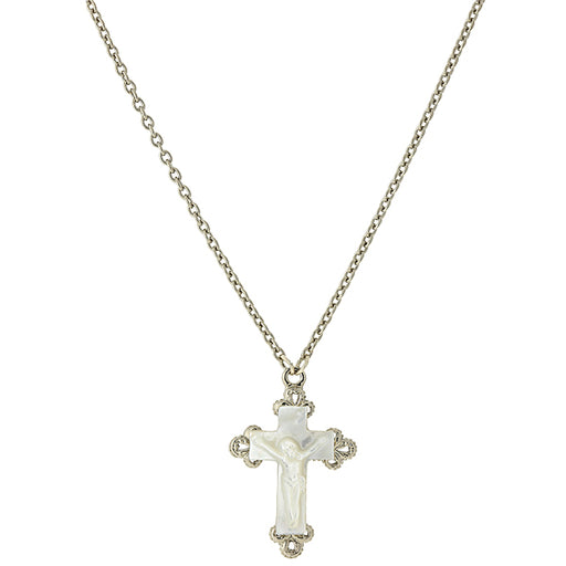 Silver-Tone Genuine Mother of Pearl Crucifix Necklace