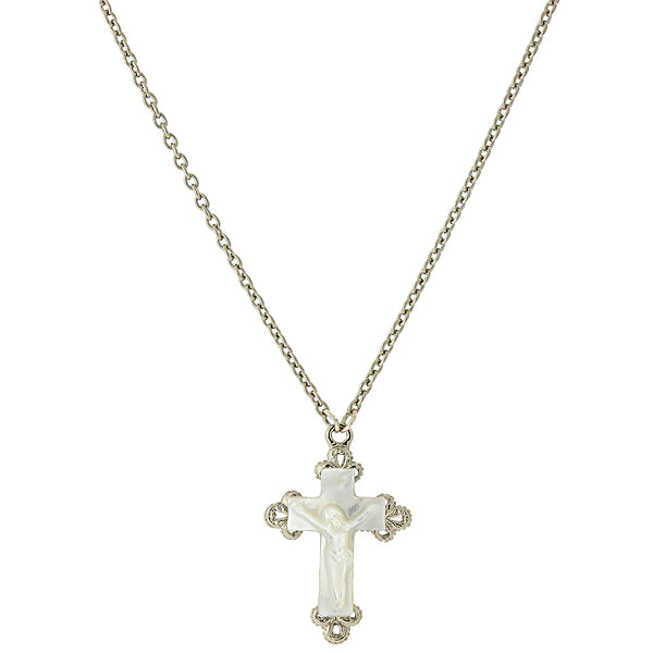 Silver-Tone Genuine Mother of Pearl Crucifix Necklace