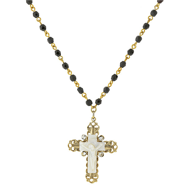 14K Gold-Dipped Black Bead and Genuine Mother of Pearl Crucifix Necklace