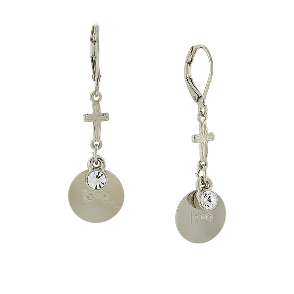 Carded Silver-Tone Crystal Love Drop Earrings