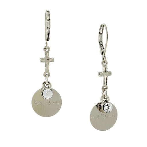 Carded Silver-Tone Crystal Believe Drop Earrings