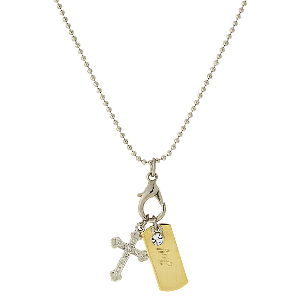 Silver-Tone Chain and 14K Gold-Dipped Joy Bar and Cross Charm Necklace