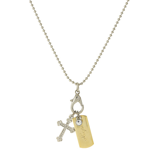 Silver-Tone Chain and 14K Gold-Dipped Hope Bar and Cross Charm Necklace