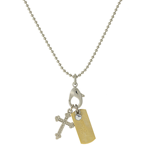 Silver-Tone Chain and 14K Gold-Dipped Love Bar and Cross Charm Necklace