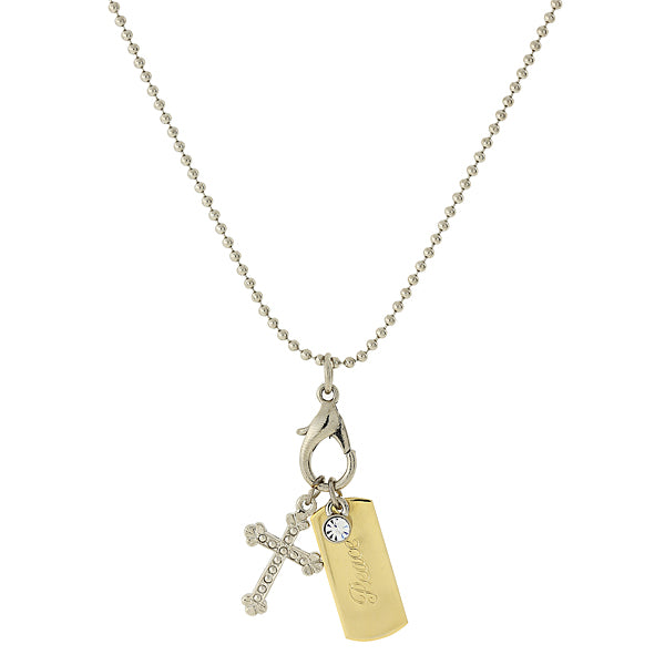 Silver-Tone Chain and 14K Gold-Dipped Peace Bar and Cross Charm Necklace